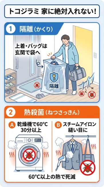 新幹線・電車利用後のトコジラミ対策として、帰宅時に玄関で行う「クリーン防疫の儀式」の図解。左側は「上着とバッグを玄関で大きなビニール袋に入れて隔離する」アクション。右側は「衣類乾燥機(60℃で30分)やスチームアイロンの熱でトコジラミを死滅させる」アクション。家の中への侵入を防ぐ水際対策をイラストで分かりやすく解説しています。