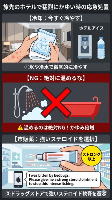 旅先のホテルでトコジラミに刺された際の緊急応急処置と注意点を解説した図解。上段ではホテルの氷や冷水で患部を徹底的に冷やしてかゆみを麻痺させる正しい手順、中段では血流が良くなりアレルギー成分が広がってかゆみが倍増する「温水シャワー・入浴」を絶対NG（赤のバツマーク）とする警告、下段ではドラッグストアで「ストロング」以上の強いステロイド軟膏を選ぶ基準や海外旅行時にスマホで見せるだけの英語の意思疎通テンプレートをまとめたイラスト。