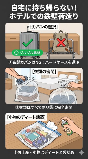 トコジラミの発生したホテルから帰宅する際の、自宅への持ち込みを防ぐ「封じ込めパッキング術」の図解。上段ではトコジラミがしがみつきやすい布製リュック（NG）と、登るのが苦手なツルツルしたハードスーツケース（推奨）の比較。中段では部屋にあった全ての衣類をポリ袋に入れて口を固結びで完全密閉する手順。下段では後から熱処理できないお土産や充電器などの小物をビニール袋に入れ、ディート配合の虫除けスプレーを含ませたティッシュと一緒に入れて密閉する簡易燻蒸テクニックを解説したイラスト。