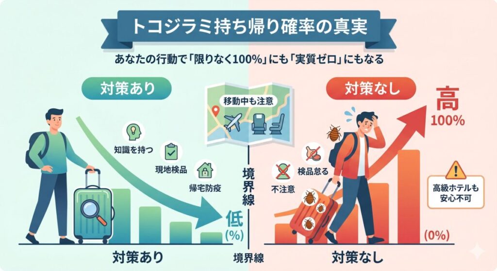 「旅行からトコジラミを持ち帰る確率はあなたの行動次第で変わる」というメッセージが視覚的に伝わるように、図解の内容を具体的に記述しています。

「旅行からトコジラミを持ち帰る確率の境界線を表した図解。左側は青ベースで、事前のパッキング、現地検品、帰宅時防疫を行うことで確率が限りなくゼロに近くなることを示している。右側は赤ベースで、対策を怠り、トコジラミが荷物にしがみつくと、持ち帰る確率が100％に跳ね上がることを示している。中央には『【現実】トコジラミ持ち帰り確率の境界線』のタイトルがあり、下部には『あなたの行動で確率は変わる』と記載されている。」