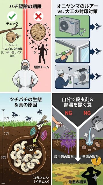 ツチバチ駆除で土に直接「殺虫剤」や「熱湯」をまくDIY対策が、庭の芝生を全滅させて数十万円の損害を招く自爆メカニズムを解説したインフォグラフィック図解。

画面は上段の2つのNG行為から、下段の絶望的な結末へと向かう流れで描かれている。

上段左側の「殺虫剤の罠」では、市販のスプレーに含まれる油性成分（灯油など）が土壌深くへ染み込み、芝生や庭木の根を薬品焼けさせて腐らせていくプロセスが可視化されている。
上段右側の「熱湯の罠」では、グラグラに沸いた熱湯を土に注ぐことで繊細な細根が煮えて死滅し、植物の成長を支える有効な土壌微生物まで根こそぎ死滅させて土壌をカサカサに砂漠化させる実態が描かれている。

下段の合流先では、間違ったDIY対策の結果として緑の芝生が広範囲にわたり黄色く立ち枯れて全滅した悲惨なお庭が描かれており、元の美しい緑に戻すためには土の総入れ替えと芝の張り直しによる「数十万円規模の莫大な外構リフォーム費用（大損）」が必要になるという警告が、スマホ画面でも文字を詰め込まず一瞬で直感的に伝わるクリーンなデザイン。