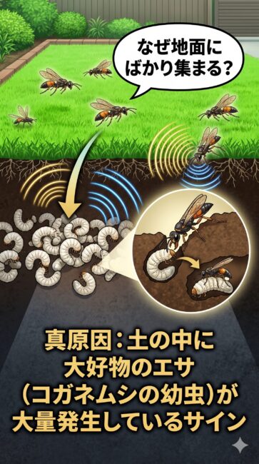 ツチバチが庭の芝生の下を巣窟（コロニー）にする生態的な理由と、その根本原因を土壌の断面図で視覚化したインフォグラフィック図解。

画面は地上と地下の断面構造になっており、上部の地上ではツチバチが芝生の上を低空飛行して地面に執着している様子が描かれている。

下部の地下（土の中）を大きくクローズアップしたエリアでは、ツチバチがわざわざ土に湧く最大の根本原因として、芝生の根の周りに大好物である「コガネムシの幼虫」が大量発生している衝撃的な光景が可視化されている。ツチバチのメスが優れた泥掘り能力で土の中に潜り、捕らえたコガネムシの幼虫を麻痺させて卵を産み付ける独特な子育ての生態が描かれている。

地上のハチの群れは「土の下が幼虫だらけになっている警告サイン」であることを、スマホ画面でも文字を詰め込まず、イラストの因果関係だけで1秒で直感的に伝えるクリーンなフラットベクトルデザイン。