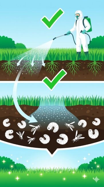 プロの害虫駆除技術による、お庭の土壌や芝生の美観を1%も痛めないツチバチ根絶プロセスを視覚化したインフォグラフィック図解。

画面は上下の2つのステップに分かれている。
上段の「ステップ1：水溶性薬剤の均一散布」では、防護服を着用したプロの作業員が専用の動力噴霧器を使い、植物の根を痛める灯油などの有機溶剤を含まない「水溶性の水和剤」をお庭全体に細かく均一に散布している様子が描かれている。油性スプレーとは異なり、大切な芝生や植物にダメージを与えず美観を100%守る安全性が緑のチェックマークと共に示されている。

下段の「ステップ2：根本原因の一収」では、散布された安全な薬剤が土の奥深くへゆっくりと浸透し、今飛んでいるツチバチだけでなく、土中に潜む根本原因の「コガネムシの幼虫（大好物のエサ）」までセットで完全防除している地下の断面イラストが描かれている。

自力での危険なDIY対策（殺虫剤や熱湯）による芝生の薬品焼けや立ち枯れリスクを回避し、エサを一掃することで来年以降の再発確率をほぼゼロにするプロの確実な防除ロジックを、スマホ画面でも文字を詰め込まず、文字化けのないクリーンなイラストだけで直感的に伝えるフラットベクトルデザイン。