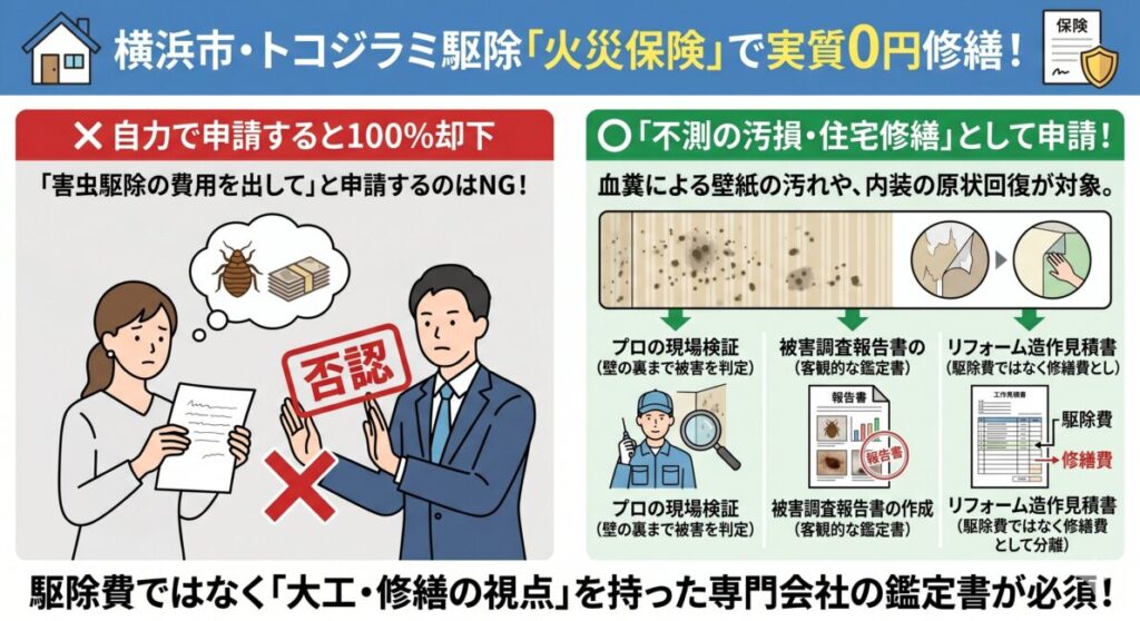 横浜市のトコジラミ駆除で火災保険を適用し実質0円修繕を目指す手順の図解。「害虫駆除費」としての自己申請は100%却下されるNG例と、「不測かつ突発的な事故（汚損）」による壁紙や内装の「住宅修繕費」として申請するOK例を対比。保険金受け取りに必要な3ステップとして、1.専門業者による現場検証、2.被害調査報告書（鑑定書）の作成、3.リフォーム造作見積書の用意、を提示。大工・修繕の視点を持った専門会社による鑑定書が必須であることを解説するインフォグラフィック。