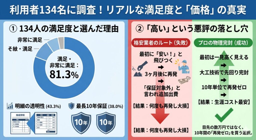 害獣駆除の利用者134名へのアンケート調査と価格の真実をまとめた図解。左側は、81.3%が満足と回答した円グラフ、選んだ理由として「見積もり明細の透明性(43.3%)」と「最長10年の長期保証(38%)」を解説。右側は、格安業者は再発と追加費用が重なり最終的に大損するのに対し、大工技術による先回り完封は10年単位で再発をゼロに抑えるため、結果として生涯コストが最安になる仕組みを比較解説。
