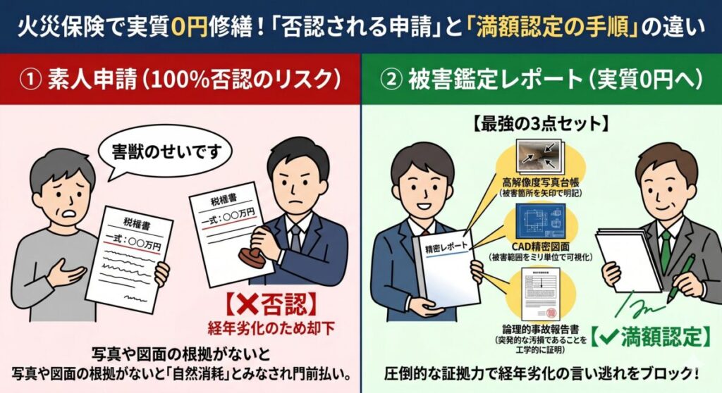 害獣被害の火災保険申請における書類の重要性を比較した図。左側は、口頭での説明や「一式」としか書かれていない見積書による申請が、保険会社に「経年劣化(自然消耗)」と判断されて却下されるリスクを解説。右側は、無料現地調査で作成される「高解像度写真台帳」「CAD精密図面」「論理的事故報告書」の最強の3点セットにより、突発的な汚損事故であることを工学的に証明し、実質自己負担0円(満額認定)をスムーズに勝ち取る仕組みを解説。