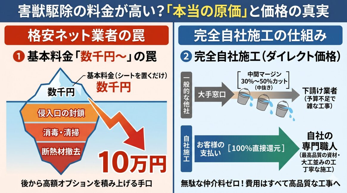 害獣駆除の料金比較図。左側は「格安ネット業者の罠」として、数千円の基本料金から現地で高額オプション(封鎖・消毒等)が積み上がり最終的に10倍以上になる仕組みを解説。右側は「完全自社施工」として、30〜50%の中間マージンが発生する下請け丸投げ構造を排除し、費用が100%直接、高品質な資材や丁寧な職人作業に還元されるダイレクト価格の仕組みを解説。