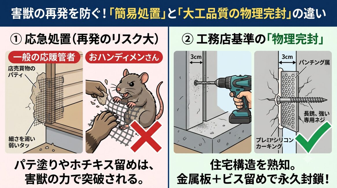害獣駆除における侵入経路封鎖の比較図。左側は一般的な業者によるパテ塗りやホチキス(タッカー)留めの簡易金網が、害獣の力で引き剥がされ再発するリスクを解説。右側はプロの大工品質施工として、住宅構造に合わせ、3cmの隙間もステンレスパンチングメタルとコンクリート専用ビスで頑丈に機械固定(ボルト留め)し、経年劣化や害獣の爪・歯をはね返す物理完封の仕組みを解説。