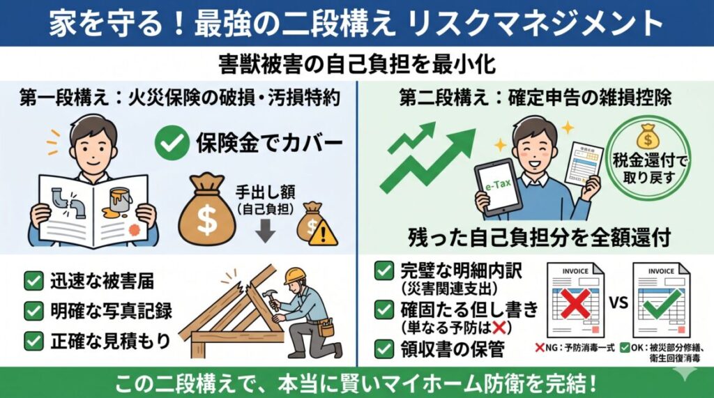 害獣駆除の大手3社のスペックを比較した網羅図。自社施工・大工品質のA社、害獣専門のB社、下請け丸投げ(マッチング型)のC社を比較。A社は「完全自社施工、大工プロによるビス機械固定、最長10年保証、CAD図面付きの手厚い火災保険サポート、完全無料調査」とすべての項目で最高水準。C社は「下請け丸投げによる中間マージンの発生、加盟店による技術や保証のばらつき、保険対応不可」といったリスクがあることを示す比較スペック表。